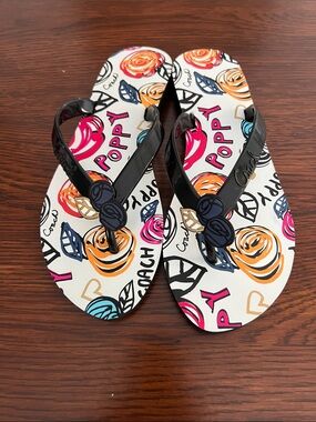Coach Floral Poppy Logo Flip Flops in White, Pink, Orange, Blue & Black